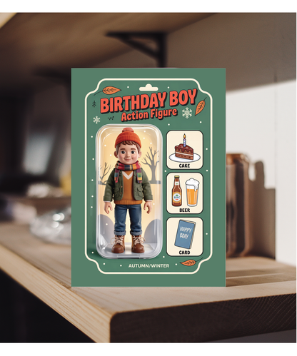 Happy Birthday card autumn and winter birthday boy action figure