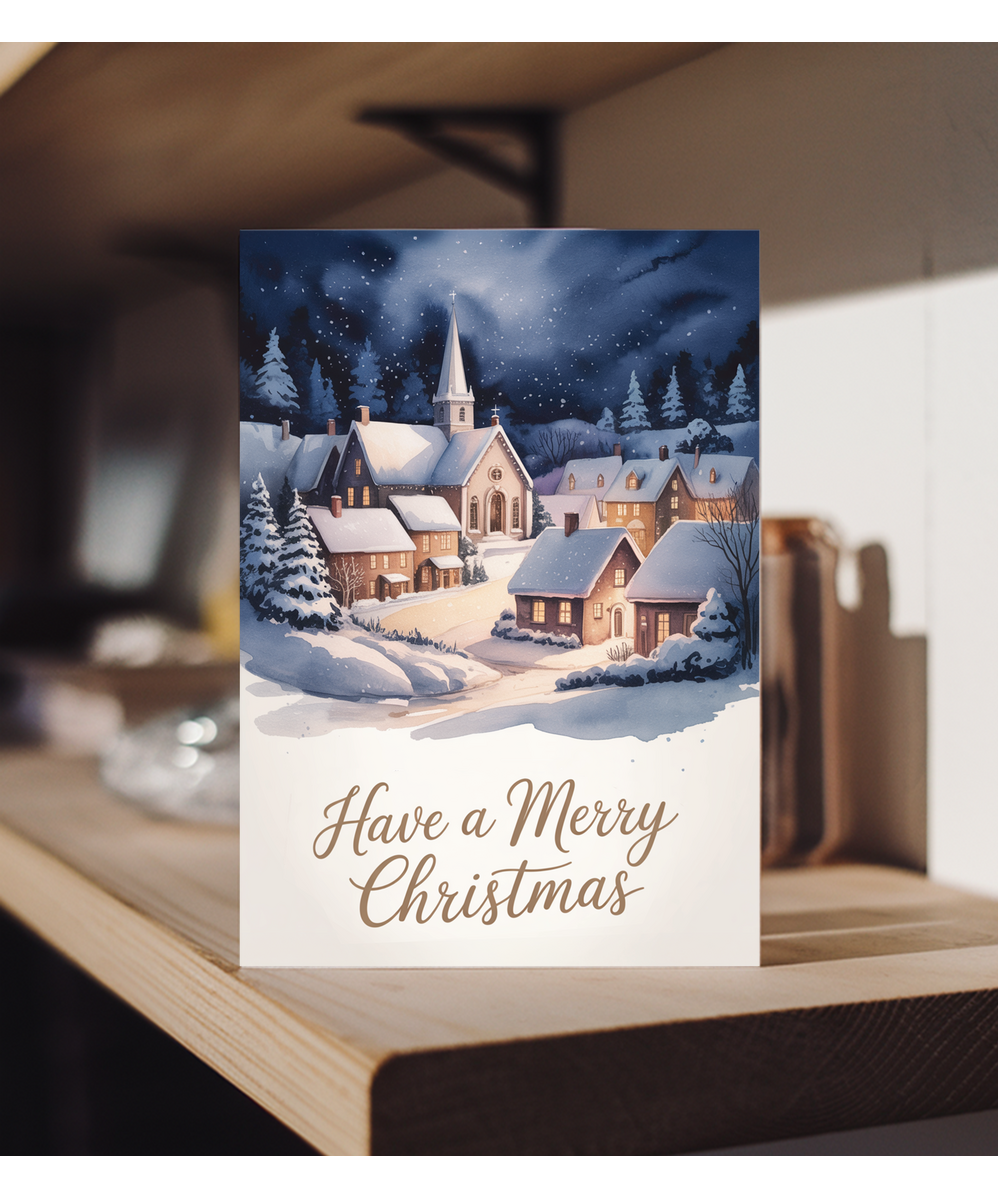 Have a merry Christmas snow village church watercolour