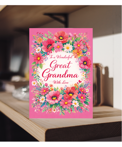 Great Grandma Birthday Card With Love and Bright Floral Wreath