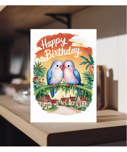 Happy Birthday cute two lovebirds watercolour