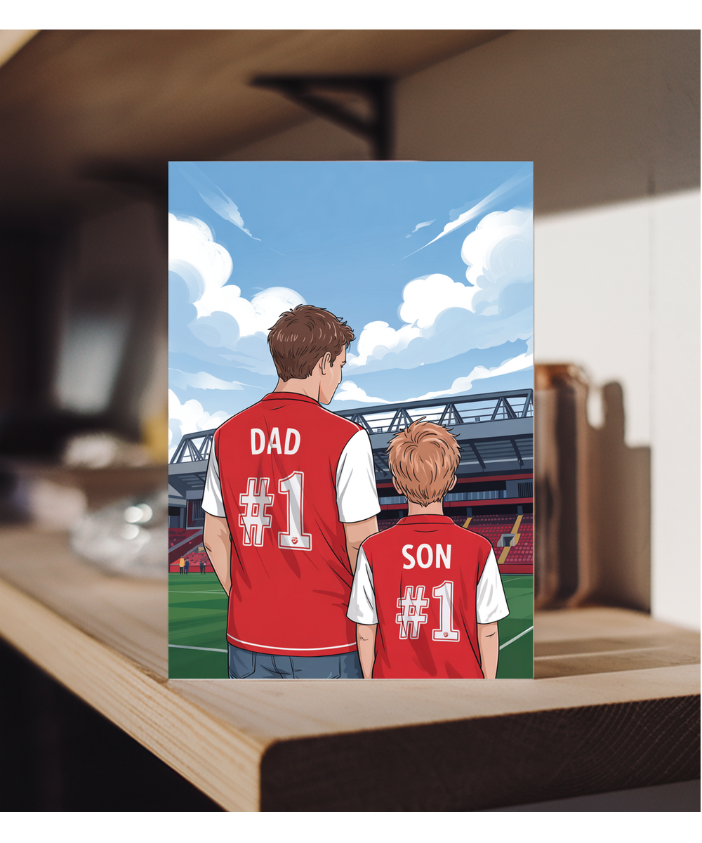 football red and white number one dad and son