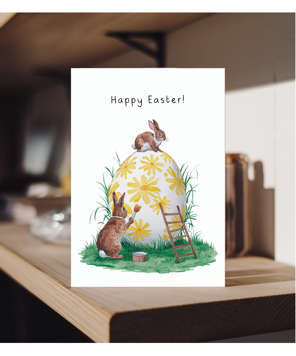 A Bunny Easter Card with Little Rabbits and Painted Eggs