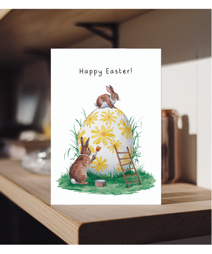 A Bunny Easter Card with Little Rabbits and Painted Eggs