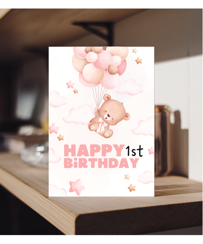 happy first birthday card pink balloons teddy bear