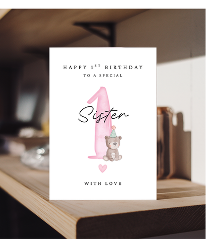 Happy 1st Birthday Card to a Special Sister With Baby Bear