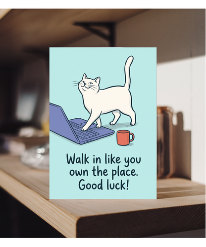 New Job Card for Colleague, Confident Desk Cat