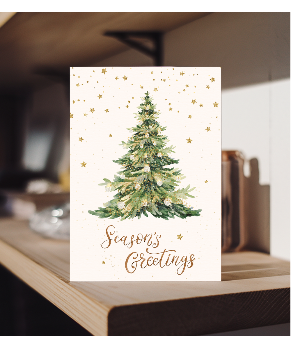 Season's greetings fake glitter effect watercolour Christmas tree