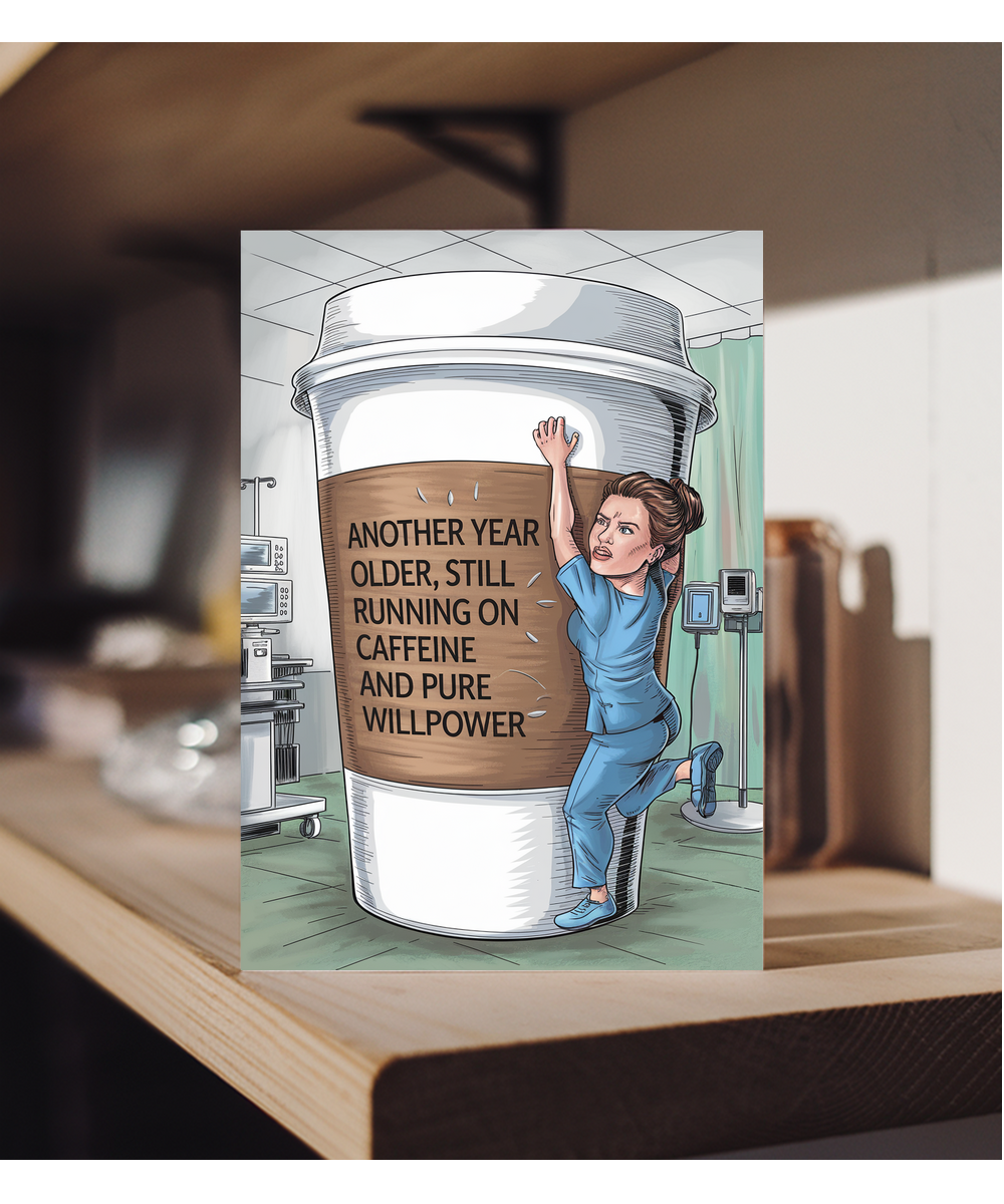 Nurse Birthday Card Another Year Older, Still Running on Caffeine and Pure Willpower