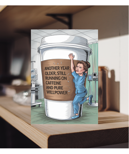 Nurse Birthday Card Another Year Older, Still Running on Caffeine and Pure Willpower
