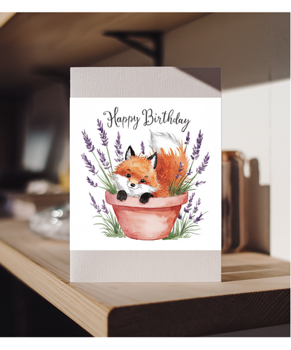 Happy Birthday cute fox plant pot lavender watercolour