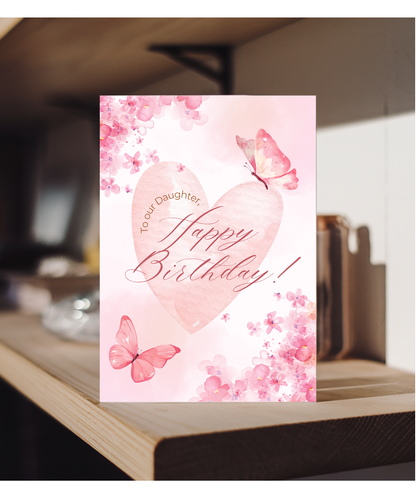 happy birthday card, to our daughter pink butterfly