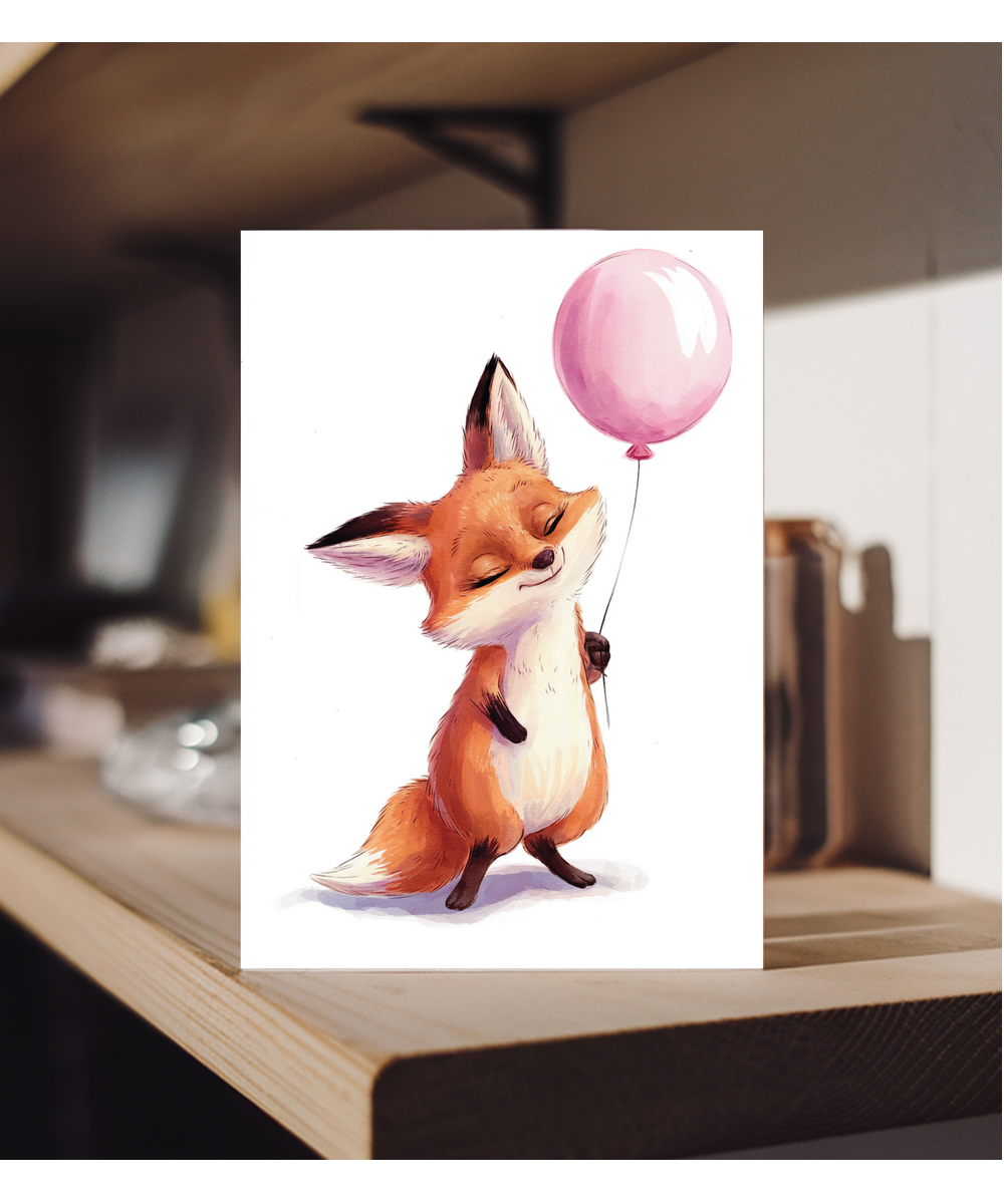 Fox with pink balloon