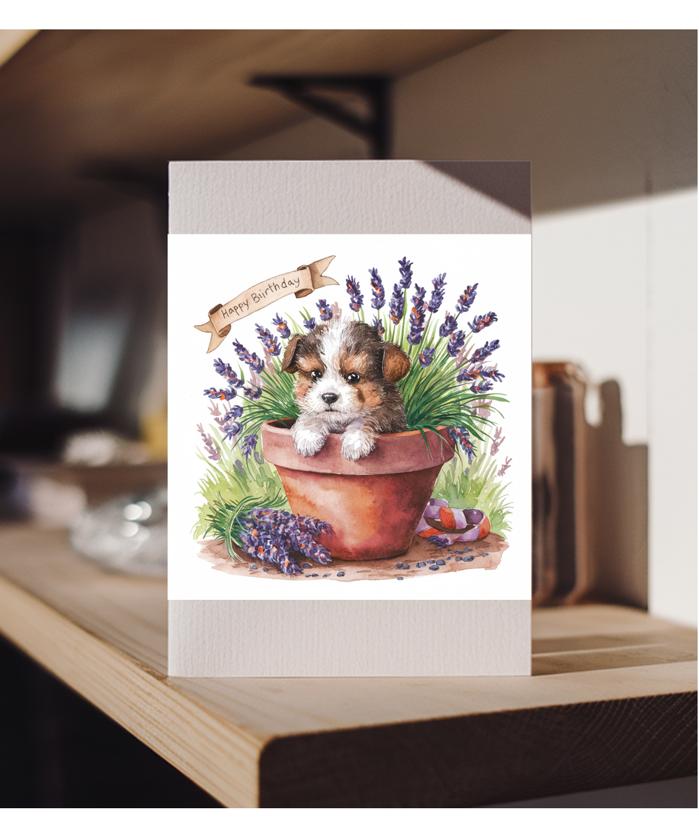 Happy Birthday cute dog plant pot lavender watercolour