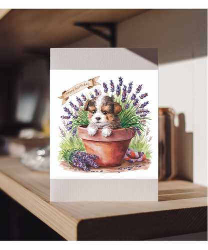 Happy Birthday cute dog plant pot lavender watercolour
