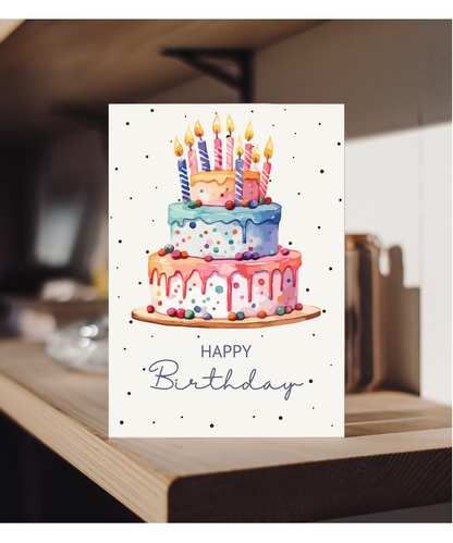 Happy Birthday card Water coloured polka dot cake