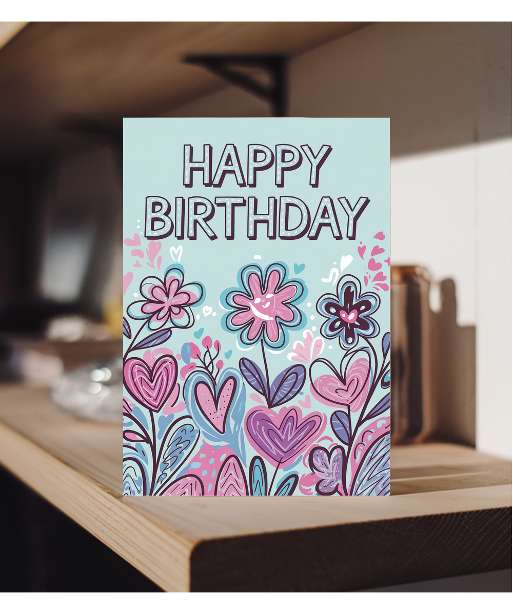 Happy Birthday Card bouquet flowers with hearts