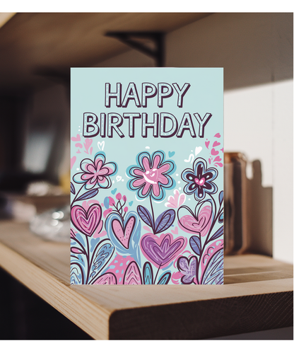 Happy Birthday Card bouquet flowers with hearts