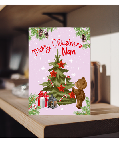 Merry Christmas Card for Nan from Baby Bear Christmas Tree Decorating