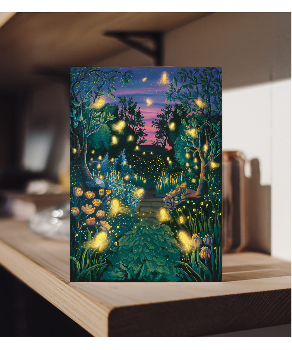 fireflies glowing in a twilight garden