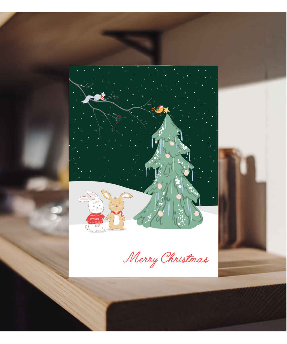 Merry Christmas Card Woodland Animals Decorating Snowy Tree