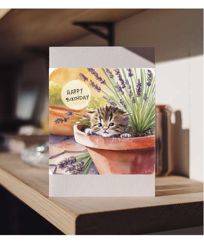 Happy Birthday cute kitten plant pot lavender watercolour
