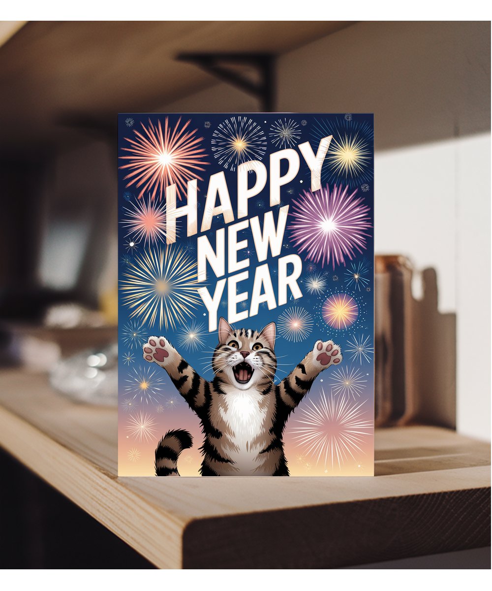 Happy New Year - Cat with Fireworks