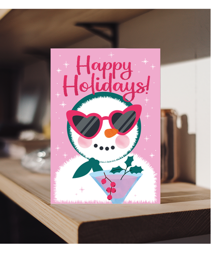 Christmas Card Happy Holidays with Classy Snow Woman and a Cocktail