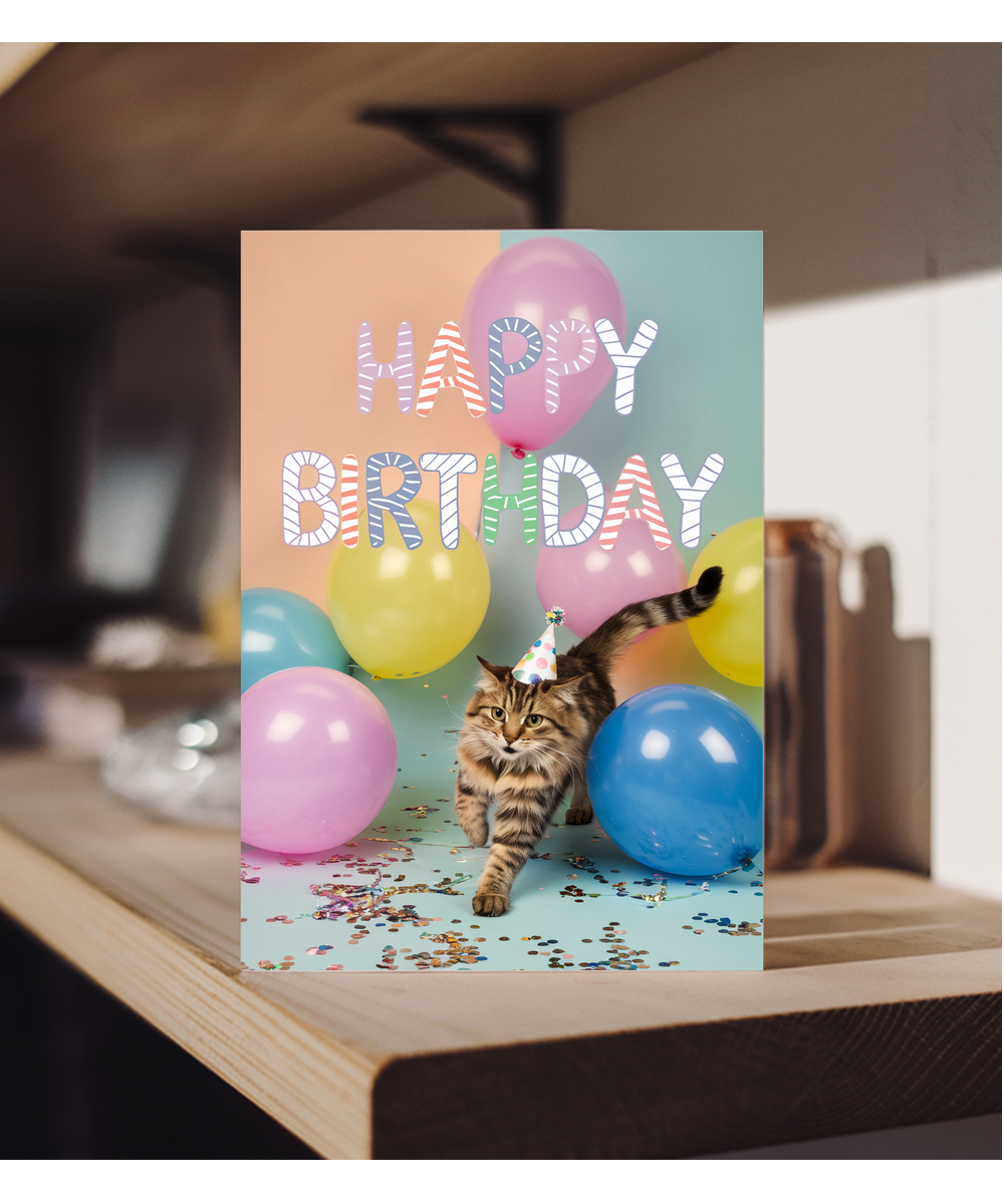 Happy Birthday with Cat with Balloons