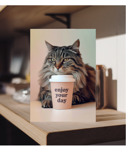Enjoy Your Day with Cat with Coffee Cup