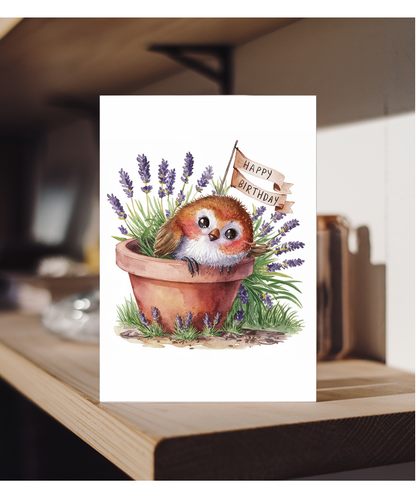 Happy Birthday cute robin plant pot lavender watercolour