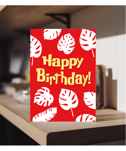 Happy Birthday Card for Best Friend Red Hawaiin Leaf Print