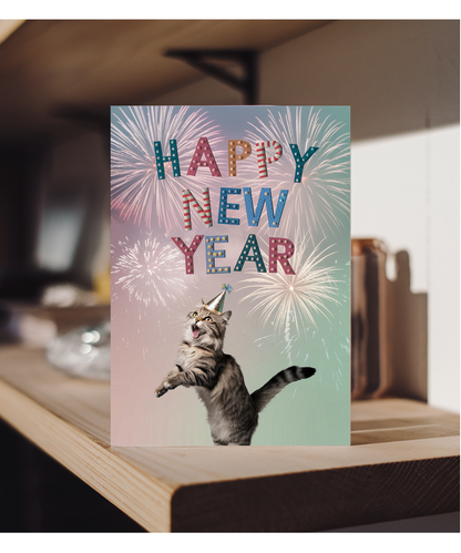 Happy New Year with Cat with Fireworks