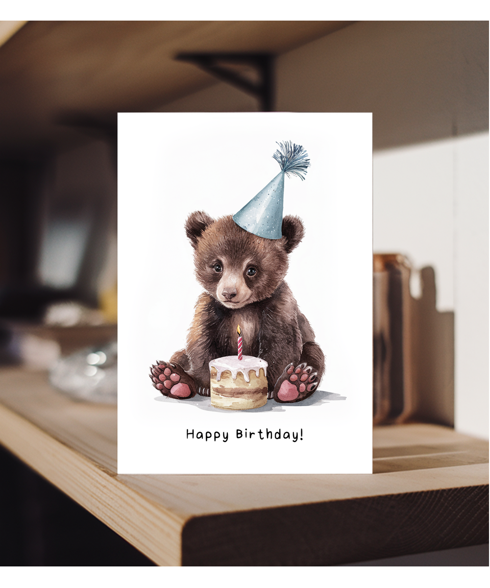Baby Bear Birthday Card Adorable Animal Watercolour Illustration