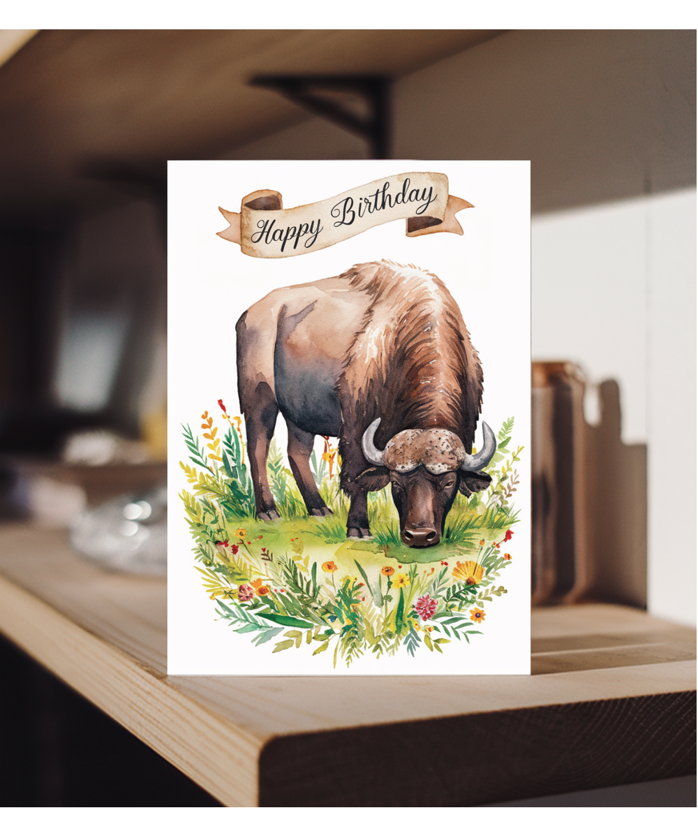 Happy Birthday cute buffalo watercolour