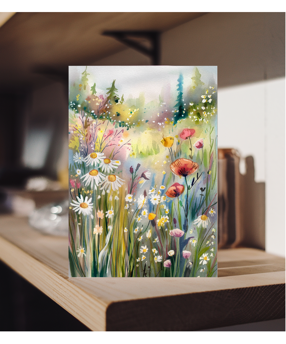 Watercolour meadow filled with wildflowers