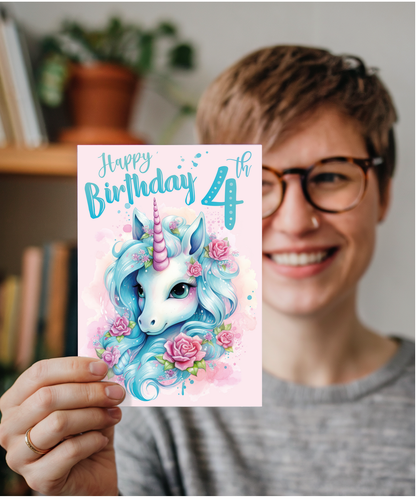 Childrens Magical 4th Birthday Card with Enchanted Unicorn for Granddaughter