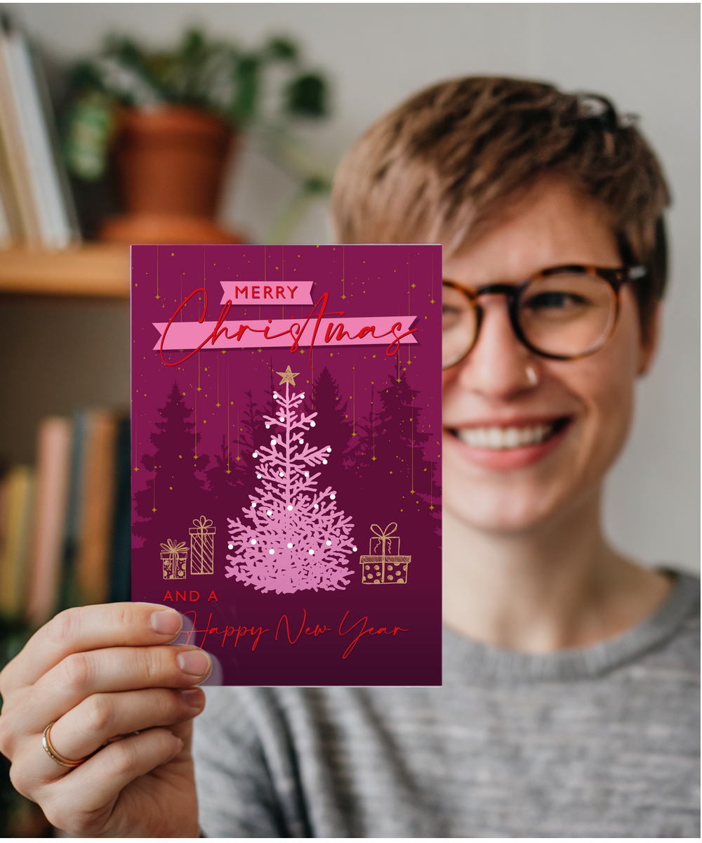 Luxury Style Xmas Card Merry Christmas and a Happy New Year with Falling Gold Stars