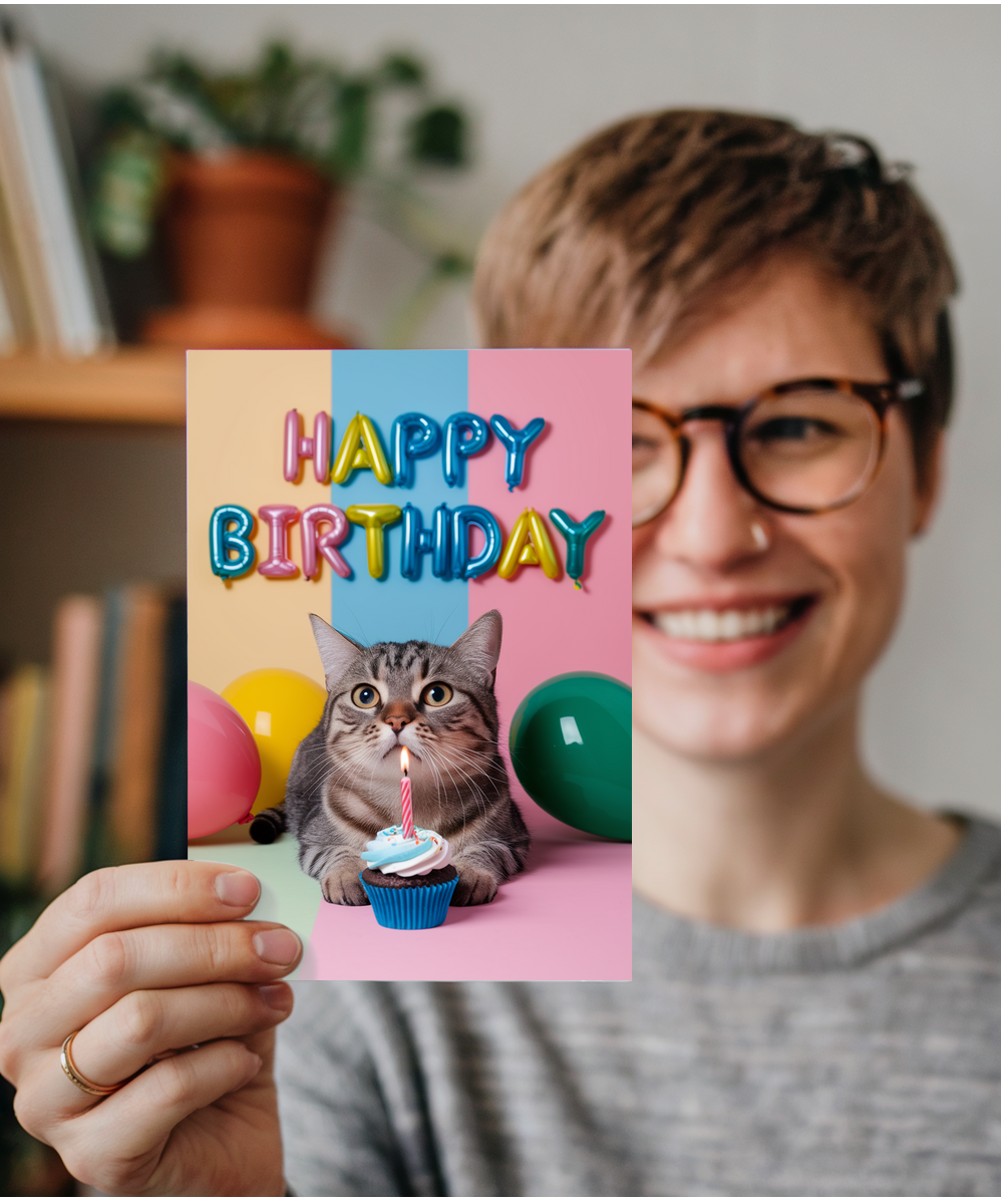 Happy Birthday with Cat with a Cupcake