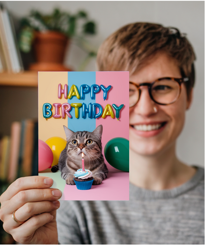 Happy Birthday with Cat with a Cupcake