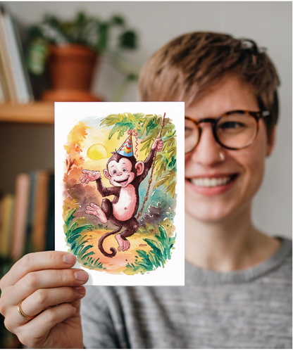 Birthday hat cute monkey watercolour