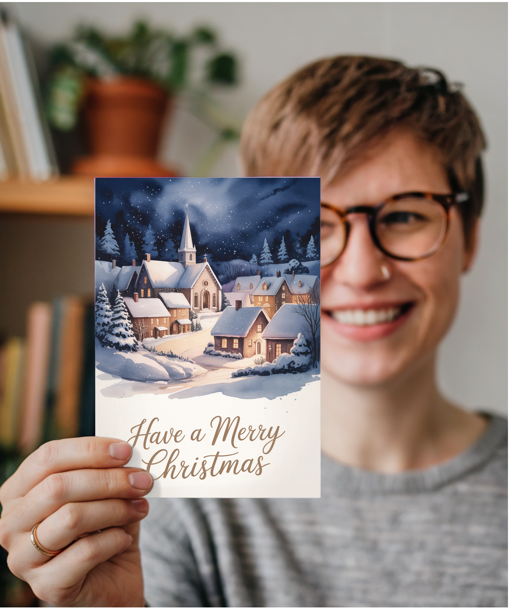 Have a merry Christmas snow village church watercolour