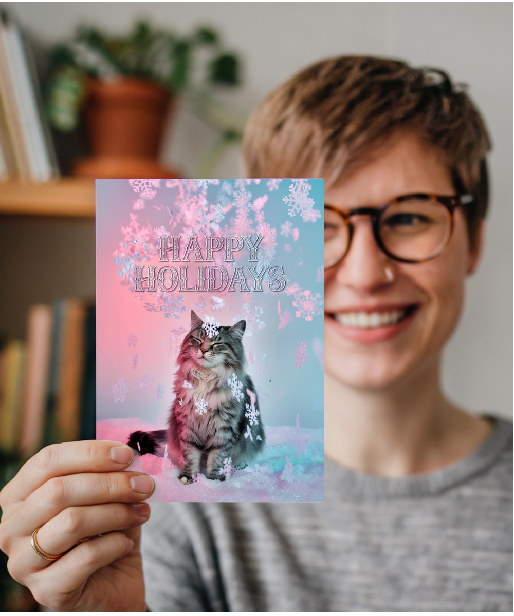 Happy Holidays with Cat with Snowflakes