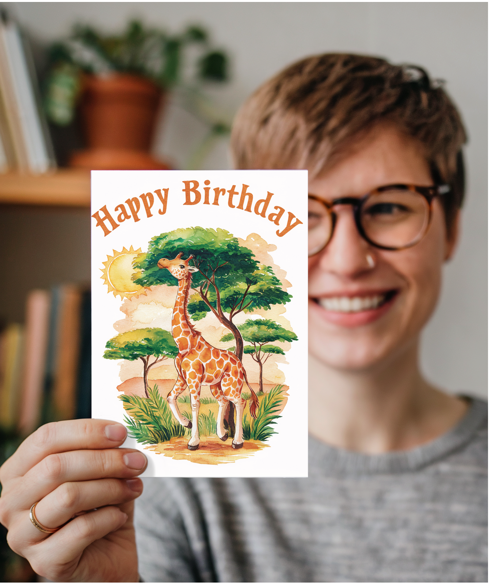Happy Birthday cute giraffe watercolour