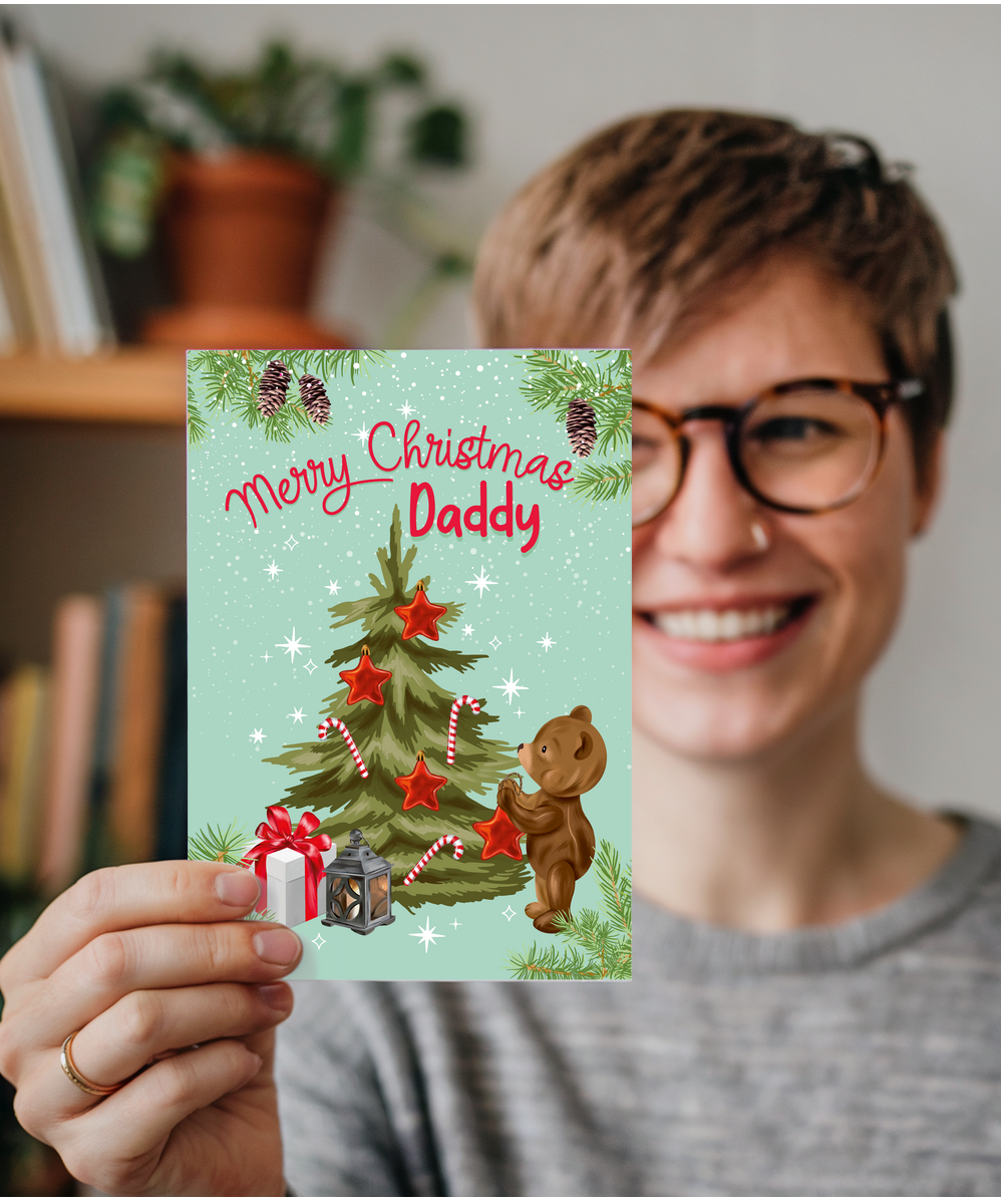 Merry Christmas Card for Daddy from Baby Bear Christmas Tree Decorating
