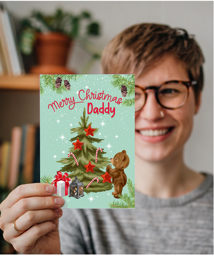 Merry Christmas Card for Daddy from Baby Bear Christmas Tree Decorating