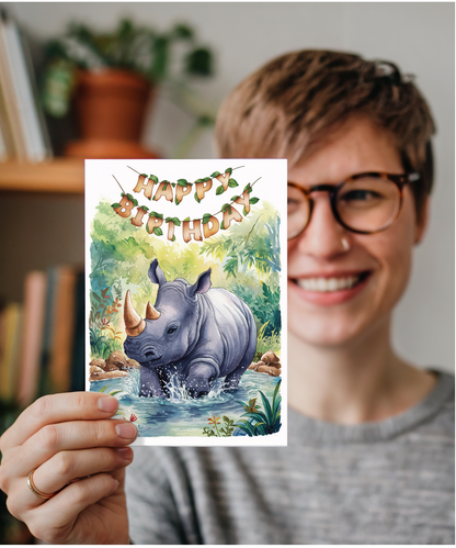 Happy Birthday cute rhinoceros watercolour