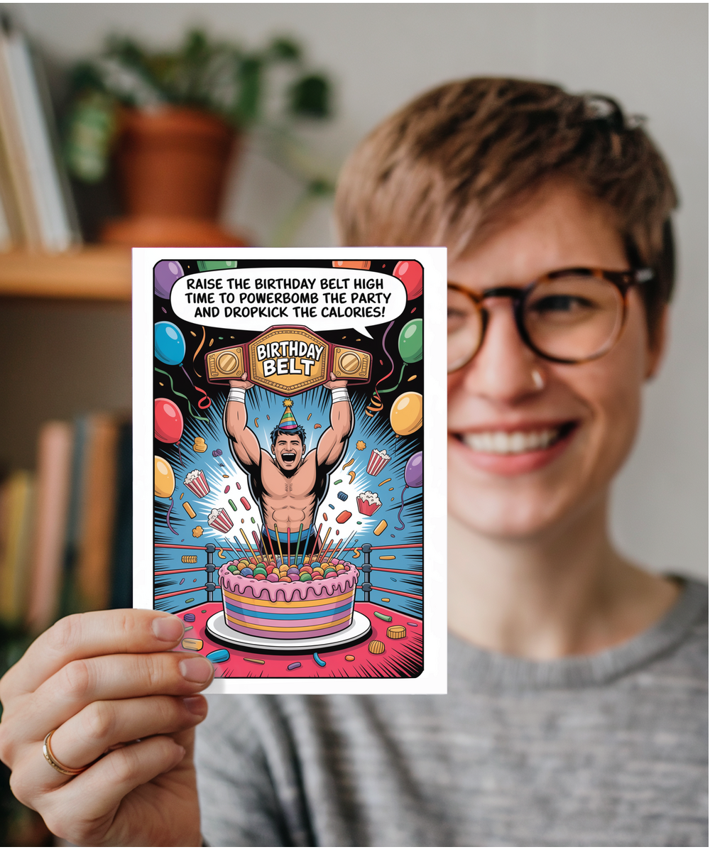 Happy Birthday card raise the birthday belt high