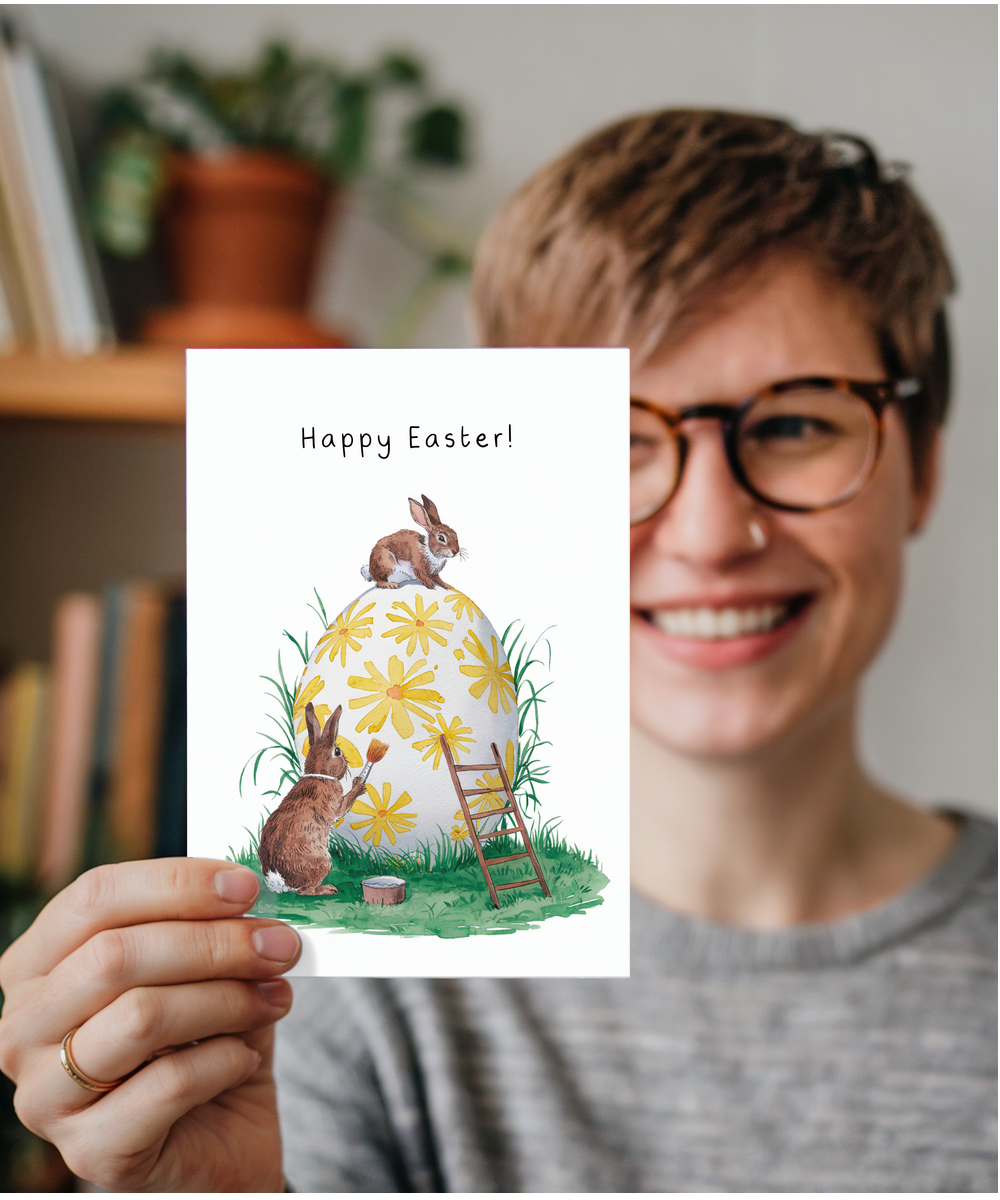 A Bunny Easter Card with Little Rabbits and Painted Eggs