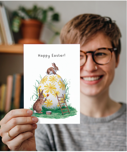 A Bunny Easter Card with Little Rabbits and Painted Eggs