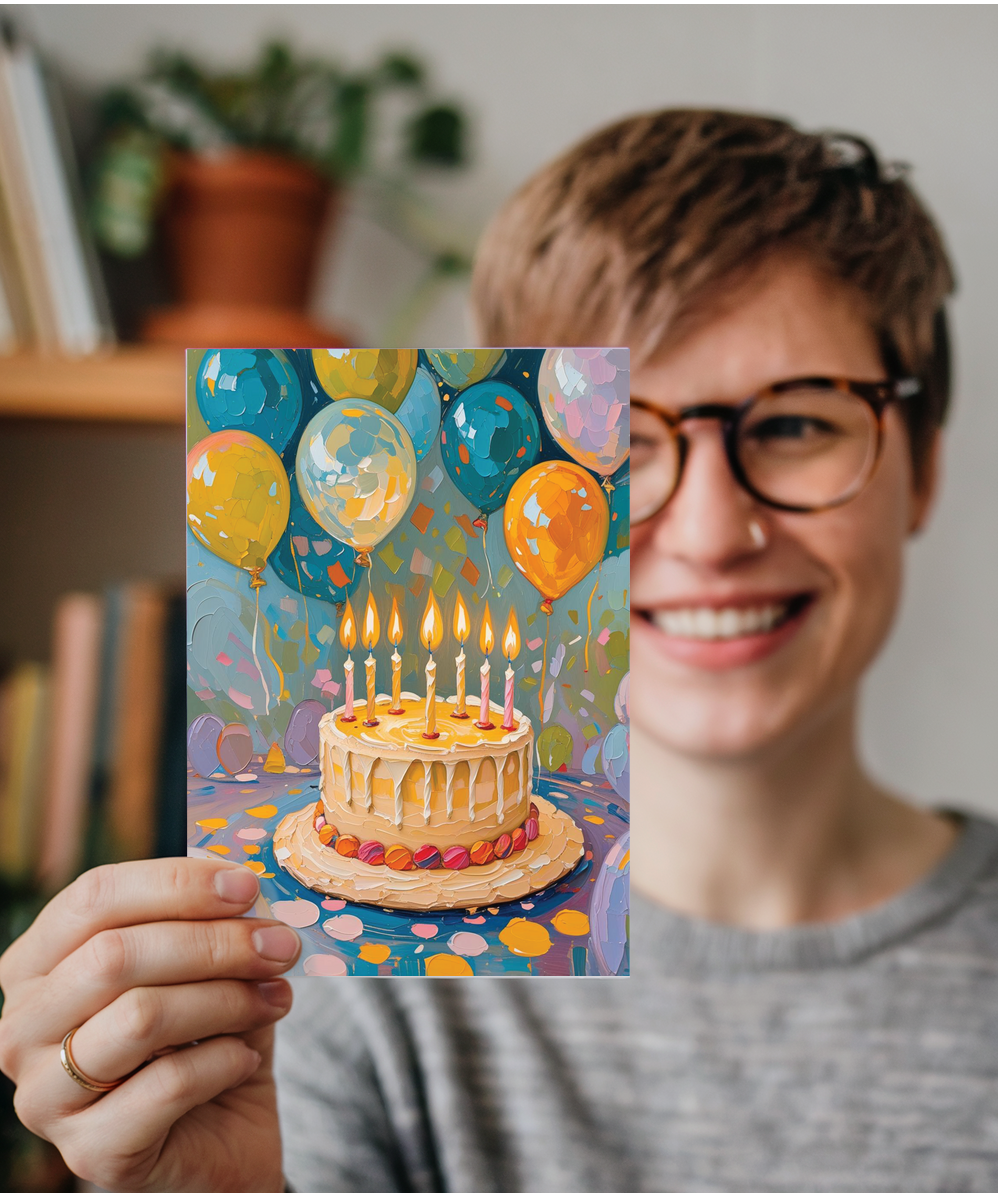 Birthday cake and candles oil painting